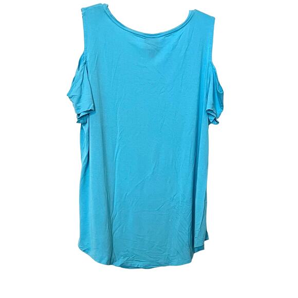 JM COLLECTION CAP SLEEVE COLD SHOULDER TOP, WOMENS, XL, LIGHT BLUE-ROUND HEMLINE - Picture 4 of 11